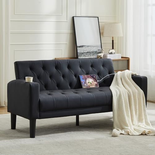 GRAVFORCE Sofa 2 Seats 157cm Comfy Small Sofa with 2 USB 2 Cup Holders Upholstered Couch Loveseat Sofas for Living Room Bedroom Office Black