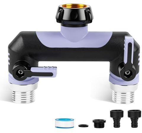 Tesmotor 2-Wege T-Verteiler für Wasserhähne, 2er Verteiler 3/4 Adapter mit Kugelhahn zum Einstellen und Absperren des Wasserflusses - Lila