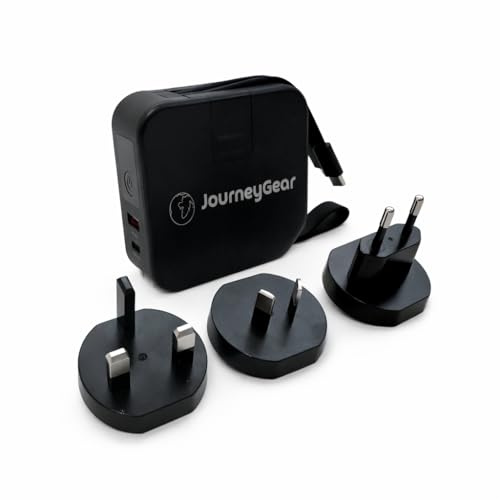 JourneyGear Universal Travel Adaptor Charger Power Bank,10000mAh, 20W Fast Charging, USB-C and USB-A, Works in 150+ Countries, Plug Adaptors, Wireless, 5-In-One, Portable, Battery