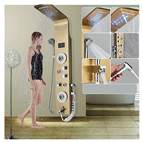 Digitalt duschsystem, Svart LED-duschpanel Sex funktioner Vattenfall duschpanel Badrumskran Badrum SPA Massage Jet Badkar Mixer Massagespruta LED-display duschkontroll(8006 Golden)