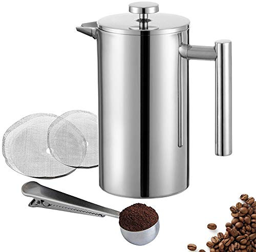 Kitchen Stars Kaffeebereiter, Französische Presse aus Edelstahl, Kolben mit feinmaschigem Filter + Edelstahl-Messlöffel mit integriertem Taschenclip, 1000 ml/1 l