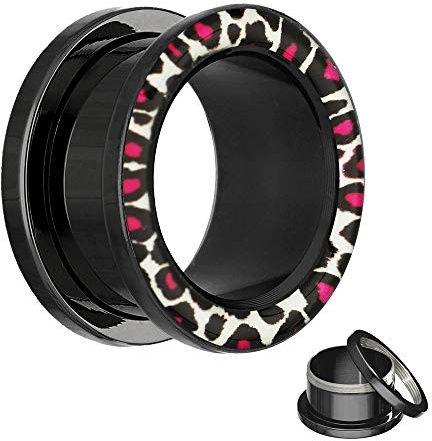 Treuheld® | Motiv Flesh Tunnel - Leopard - weiß-pink - 17 Größen: 2mm - 30mm - LEO Tunnel zum Schrauben - Schneeleopard Piercing Ohr Plug aus schwarzem Chirurgenstahl (Edelstahl) - Stahl Schwarz