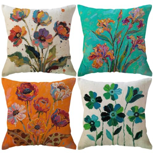ULOVE LOVE YOURSELF Flowers Pattern Throw Pillow Covers Abstract Floral Design Pillowcase Home Decorative Square Cushion Covers 18 X 18 Inch,4Pack (Flowers Pattern)
