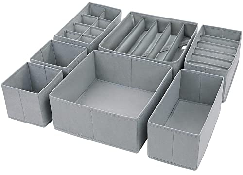 DIMJ 7 Pack Dresser Drawer Organisers Foldable Box Fabric Wardrobe Drawer Dividers Storage Cubes For Bras, Socks, Underwear, Ties, Scarves, Cosmetics (Grey)