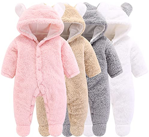 Sparkdräkt med huva för nyfödd baby, snödräkt med tecknad björn, vinterrock, fleece