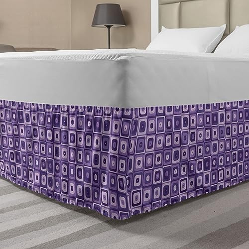 Ambesonne Retro Elastic Bed Skirt, Monochromatic Style Rounded Corners Squares in Purple Color Palette Print, Wrap Around Fabric Bedskirt Dust Ruffle for Bedroom, Queen, Quartz and Pale Mauve