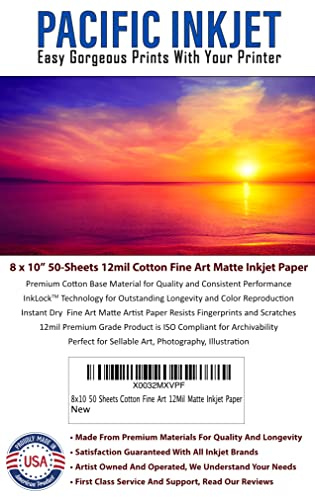 8x10 50 Sheets 100% Cotton Fine Art 12mil – Professional Archival Premium Paper for Use with Inkjet Printers – Printer Paper for Photography and Art