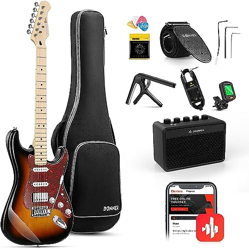 Donner E-Gitarre, 39 E Gitarren Set HSS Pickup Coil Split, Elektrische Gitarre Beginner Set mit Verstärker, Tasche, Zubehör, DST-152S Sunburst