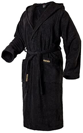 Mount Swiss Unisex badrock ONEX med huva I dam herr morgonrock fluffig av ädel bomull I kimono med färg- och storleksurval XS – 5XL I Badrock Öko-Tex Standard 100, svart, S