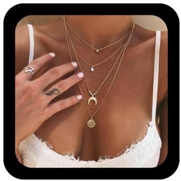 Yheakne Silver Crescent Moon Boho Layered Disc Necklace Choker, 45cm Long with 5cm Extension Chain, Adjustable, Perfect for Women and Girls