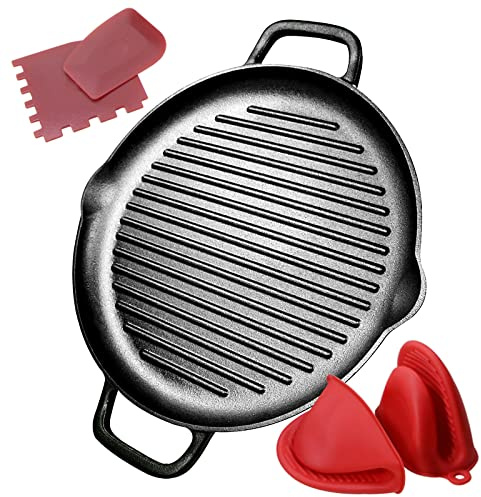 Cast Iron Grill Pan, 12.6 inch Griddle Pan with Dual Handles, Pre-Seasoned Heavy-Duty Cast Iron Skillet for Stovetop, Oven, Indoor & Outdoor BBQ Use
