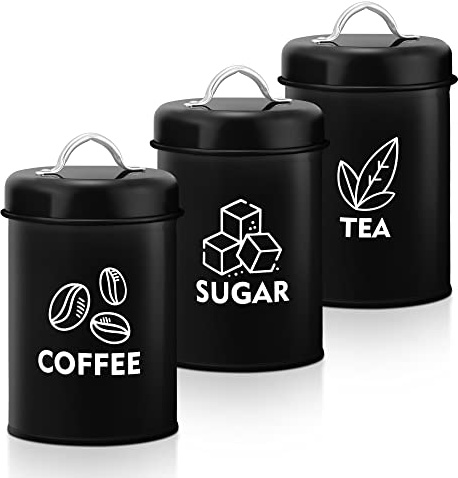 Joyfair Tea Coffee Sugar Canisters, 3 Pack of Metal Storage Jars with Air Tight Lid, Round Food Canisters Great for Storing Beans, Nuts, Candies, Cookies, Ideal for Kitchen/Office/Camping, Black