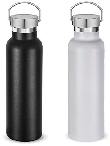 Volhoply 600ml Insulated Water Bottles Bulk Two Pack,Stainless Steel Double Wall Sport Bottle with Lid of Handle,Metal Reusable Flask for School,Cyclists,Hikers,Gift (Mix,Set of 2)