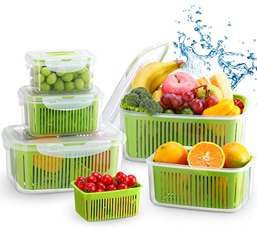 Luxear Juego de 5 Recipientes de Alimentos para Nevera, Reutilizable, Recipientes de Almacenamiento Fresco con Colador y Tapa, Contenedor de Plástico sin BPA para Ensalada Verduras Frutas Queso, Verde
