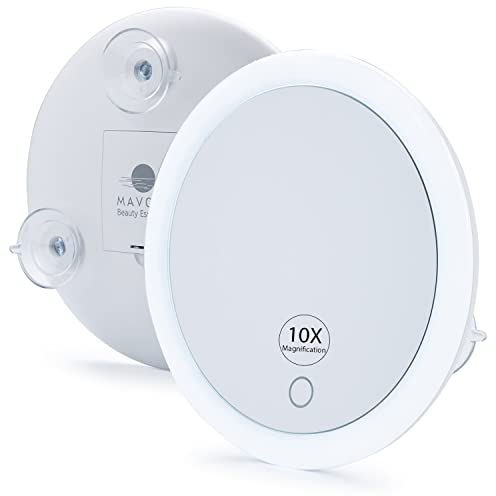 Mavoro 17cm LED Vergrößerungsspiegel mit 3 starken Saugnäpfen | 10X Vergrößerung | Tragbarer beleuchteter Reise Make-up- & Kosmetikspiegel (4× AAA batteriebetrieben | 10X)