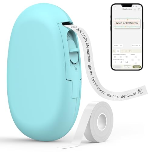 SUPVAN E10 Etikettendrucker mit Bluetooth und Endlosetiketten, azurblau | Tragbar, multifunktional, für iOS/Android, 1 Rolle wasserfeste Etiketten 15 mm x 6 m, für Zuhause, Schule und Büro