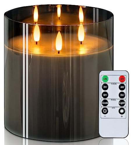 Homemory 6X6'' Extra Large Flameless Candle with 3 Wicks, Glass LED Pillar Candle, Real Wax Battery Operated Candle with Remote Control and Timer, Grey