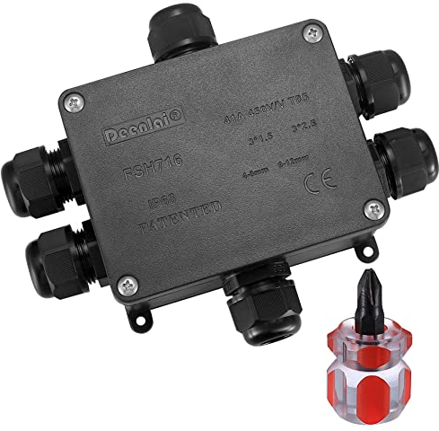 IP68 Wasserdichte Abzweigdose, Außenkabelverbinder für Ø4mm-14mm Rundkabel, Garten-Outdoor wasserdichte Anschlussbox, 6-Wege-Verteilersteckdose, Schwarz