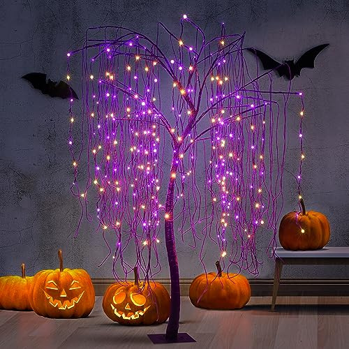 7 FT Halloween Lighted Willow Tree 256 LED Orange and Purple Lights Artificial Weeping Willow Tree with 6 Spiders Outdoor Indoor Decoration Christmas Festival Party Home Decor