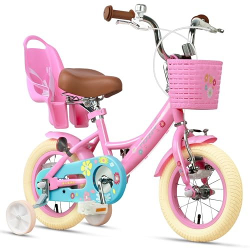 Glerc Maggie 12 Zoll Kinderfahrrad Alter 1 2 3 4 Jahre alt Mädchen Fahrrad Prinzessin Stil mit Puppen-Sitz & Korb & Stützräder & Glocke für Geburtstag,Rosa