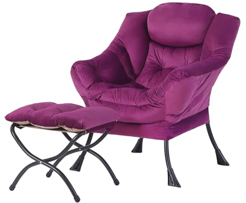 Welnew Lazy Chair mit Ottomane, moderner Lounge-Akzentstuhl mit Armlehnen und Seitentasche, Freizeitsofa-Sessel-Set, Lesesessel mit Fußstütze für kleines Raumpaar, Dunkelviolett