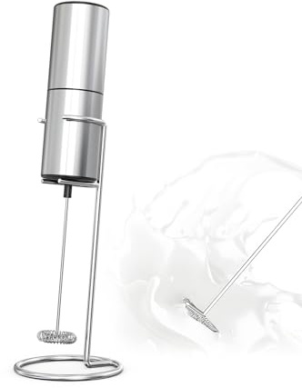 Metallic Electric Milk Frother with Stand – Handheld Battery-Powered Electric Whisk, Durable and Easy to Use for Coffee, Latte & Matcha, Sleek Stainless Steel Shell – Silver (2 × AA Required)