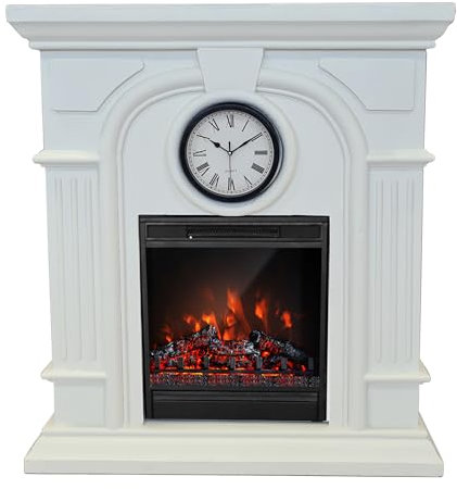 abc HOME Romantik Elektrokamin mit integrierter Uhr – Massiver Kaminumbau aus Polystone – 1800W Heizung & LED-Flammeneffekt – Fernbedienung, Thermostat & Timer – 96 cm Hoch – Weiß