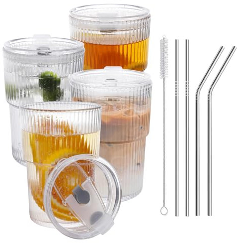 REALWAY - Vasos de plástico irrompible acanalado de 17 onzas con tapa y popote (4)