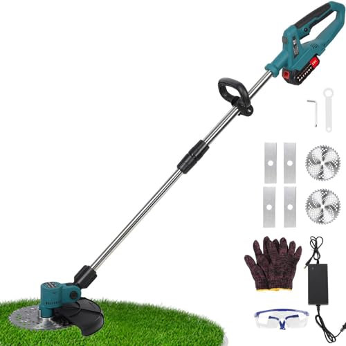 Tagliaerba Senza Fili, Tagliaerba da Giardino 21V con 6 Lame in Metallo, Display Digitale, Tagliaerba con Asta Telescopica a Lunghezza Regolabile, Tagliaerba Manuale Tagliabordi Elettrico per Giardino