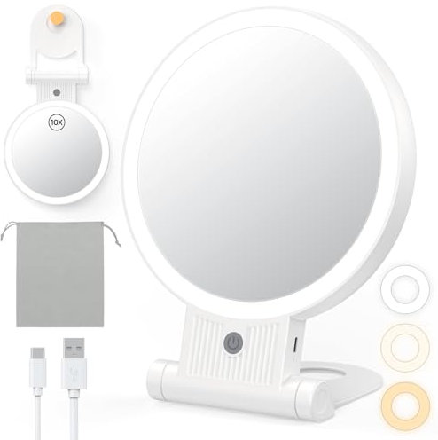 Gospire 7,5'' Schminkspiegel mit Licht, 10-Fache/1-Fach Vergrößerungsspiegel, 3 Lichtfarben Verstellbarer Griff, 3 IN 1 Kosmetikspiegel mit Beleuchtung, Reise Wiederaufladbare Makeup Spiegel Frauen