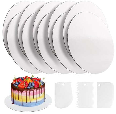 10 Stück Tortenunterlage Rund 25cm, Cake Board Weiß mit Kuchenglätter-Schaber, Premium Tortenplatte Pappe für Kuchen und Torten (25cm)