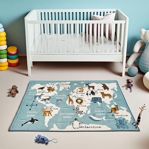 La Maison 100% Cotton Kids Play Mat, Tufted Soft Smooth Anti-Slip Toddlers Nursery Rug, Indoor Room Floor Carpet Decor (World Map)