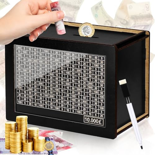 Meetory Money Saving Box, Plus Size 10000 Saving Challenge Box Reusable Kakeibo Money Box with 10k Saving Goal Cash Vault Wooden Savings Box for Adults (10000 Pounds)
