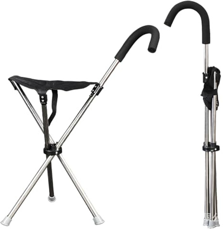Gehstock mit Sitz - Tragbarer Hocker, leicht bis zu 0,9 kg, geeignet für Männer, Frauen, Senioren, Menschen mit Behinderungen (gebogener Griff, schwarz)