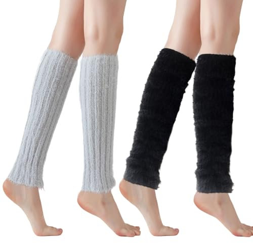 FUIPVGI 2 Paar Bein Stulpen Damen, Winter Lange Gestrickt Ballettstulpen, Knöchelwärmer für Ballett Yoga Frauen und Mädchen (Schwarz, Grau)