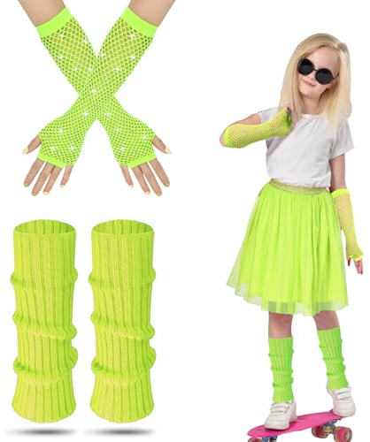 AffeGifts Jambiere Fluo Enfant, Deguisement Annee 80 Enfant Fille Fluo Jambiere Avec Mitaines Enfant Fluo Guetre Annee 80 Fille Ambieres Guetres Femme Fantaisie Robe Années