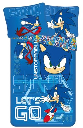 Jerry Fabrics Sonic The Hedgehog Let´s go Design Set copripiumino 140 x 200 cm, biancheria da letto double-face con federa 70 x 90 cm, blu