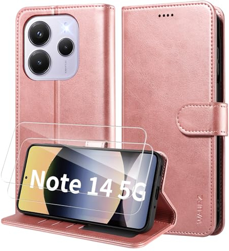 WAURZ Cover per Xiaomi Redmi Note 14 5G (Non per 4G), Custodia Cover Pelle Libro con 2 Pellicola Vetro Temperato Protezione Schermo Portafoglio Porta Carte Antiurto Cuoio Flip Case Custodia,Oro Rosa