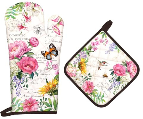 Arquiel Blumen Schmetterlinge Ofenhandschuh & Topflappen 2er-Set | Baumwoll-Küchenset mit Blumen Schmetterlinge-Motiv, hitzebeständig und praktisch zum Kochen, Backen und Grillen.