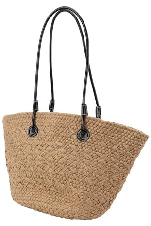 Woven Beach Bag, Women Straw Bags Summer Large Tote Bag Khaki Stylish Large Capacity Straw Shoulder for Outdoor Shopping