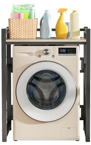 yifaeux Washer Dryer Stack Stands,Over The Washer Storage Shelf, Washing Machine Storage Utility Rack with Countertop, Height Adjustable Washing Machine Storage Stand Black