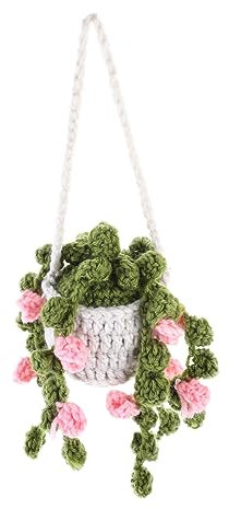 Toyvian Crochet Hanging Plant Basket Ornament Pink Flowers for Car Decor Handmade Knitted Pendant for Rearview Mirror Decoration