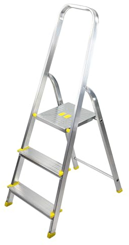 Bayersystem BS-DA3 120 Trittleiter mit 3 Stufen, Aluleiter, bis 120 kg belastbar, max. Arbeitshöhe 2,56 m, Klapptrittleiter mit Handlauf, Anti-Rutsch-Füße, Klapptritt für Haushalt, Silber/Gelb