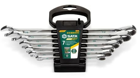 SATA 120XP & X6 ST08051G - Juego de llaves combinadas de carraca (7 piezas, ángulo de accionamiento mínimo de solo 3° gracias a 120 posiciones de enclavamiento)