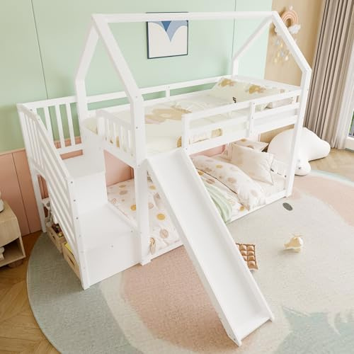 Crlnaup Letto a castello con scala di stoccaggio e scivolo, letto (senza materasso), lettino con ringhiera, adatto per bambini, ragazzi, 90 x 200 cm, bianco