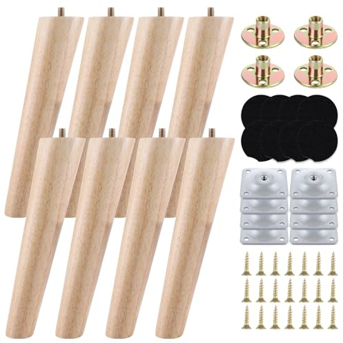 VIDETOL 20cm Wooden Furniture Legs Set of 8, Nature Solid Wood Sofa Legs, Sofa Replacement Feet with Mounting Plate & Screws for Cabinet, Bed, Chair, Sofas, Dresser Table and TV Stand