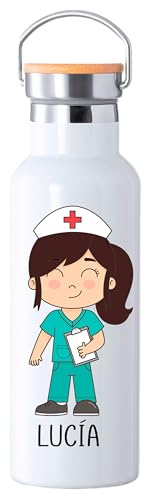 Botella Térmica Personalizada para Veterinaria, Tapa de Bambú, Diseño con Mascota, Nombre y color del pelo personalizado (ENFERMERA)