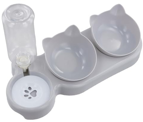 Gamelle Chat Surélevée, Distributeur d'eau 500 ML, Bol Chat 3 en 1, Conception de 15 ° D'Inclinaison, Protection la Colonne Cervicale, Bol de Nourriture pour Séparation Humide et Sèche, 40x14x22 cm