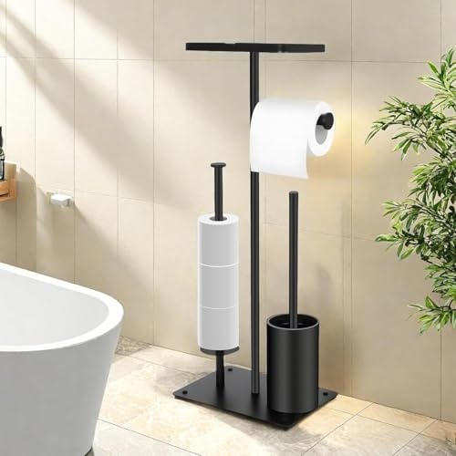 Toilettenpapierhalter Stehend & WC Bürstengarnitur - Rostfreier Metallständer mit Einfacher Montage, Klopapierhalter Stehend mit Klobürste(Schwarz Matt)
