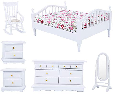 Leatikall Puppenhaus Möbel, 1:12 6 Stück Mini Holz Weiß Schlafzimmer Möbel Set Sofa TV Schrank Couch Tisch und Anderes Zubehör